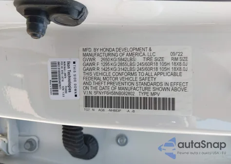 2022 Honda Pilot Awd Ex-L z USA, uszkodzony, nr VIN 5FNYF6H58NB082802